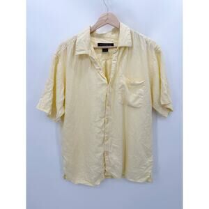 Statements Shirt Men LARGE Yellow Short Sleeve Button Up Collared 100% Linen